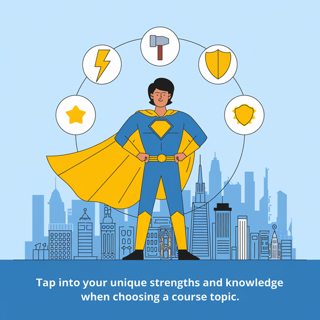 A superhero stands confidently before a city skyline, surrounded by icons representing strengths like a star, lightning bolt, hammer, and shields. This image metaphorically suggests leveraging unique strengths and knowledge when choosing a topic for an "Online Course" or to "Build an Online Course".