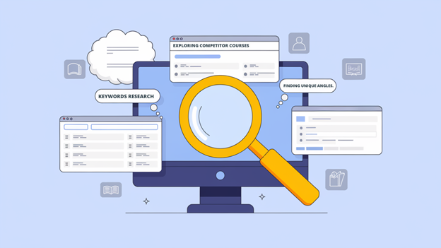 A magnifying glass hovers over a computer screen displaying various windows related to "Exploring Competitor Courses," "Keywords Research," and "Finding Unique Angles." This image visually represents the research phase crucial for developing and marketing an "Online Course" or to "Build an Online Course".