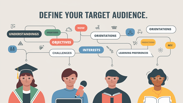 An infographic illustrates various aspects of defining a target audience, including understandings, objectives, interests, challenges, and learning preferences, with four diverse individuals below. This image is highly relevant when defining the target audience for an "Online Course" or as a step to "Build an Online Course"