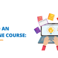 A person works on a laptop, surrounded by books and a lightbulb on the screen, illustrating how to build an online course. This image visually represents the process of creating and developing an "Online Course".