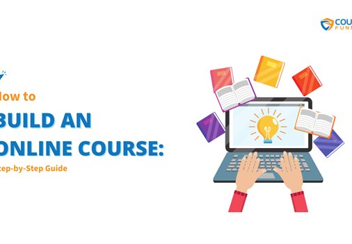 A person works on a laptop, surrounded by books and a lightbulb on the screen, illustrating how to build an online course. This image visually represents the process of creating and developing an "Online Course".