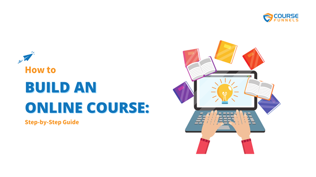 A person works on a laptop, surrounded by books and a lightbulb on the screen, illustrating how to build an online course. This image visually represents the process of creating and developing an "Online Course".
